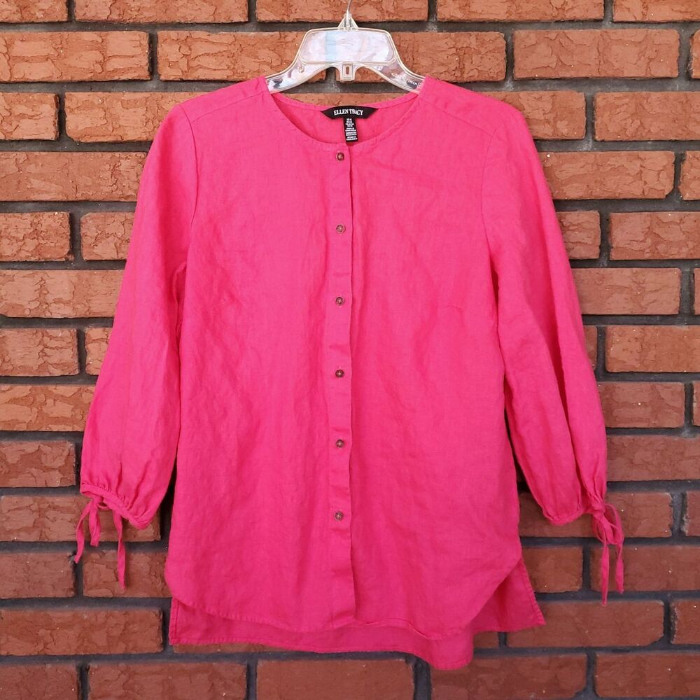 100% Linen Button Front Shirt Size M Bright Hot Pink 3/4 Tie Sleeve Ellen Tracy